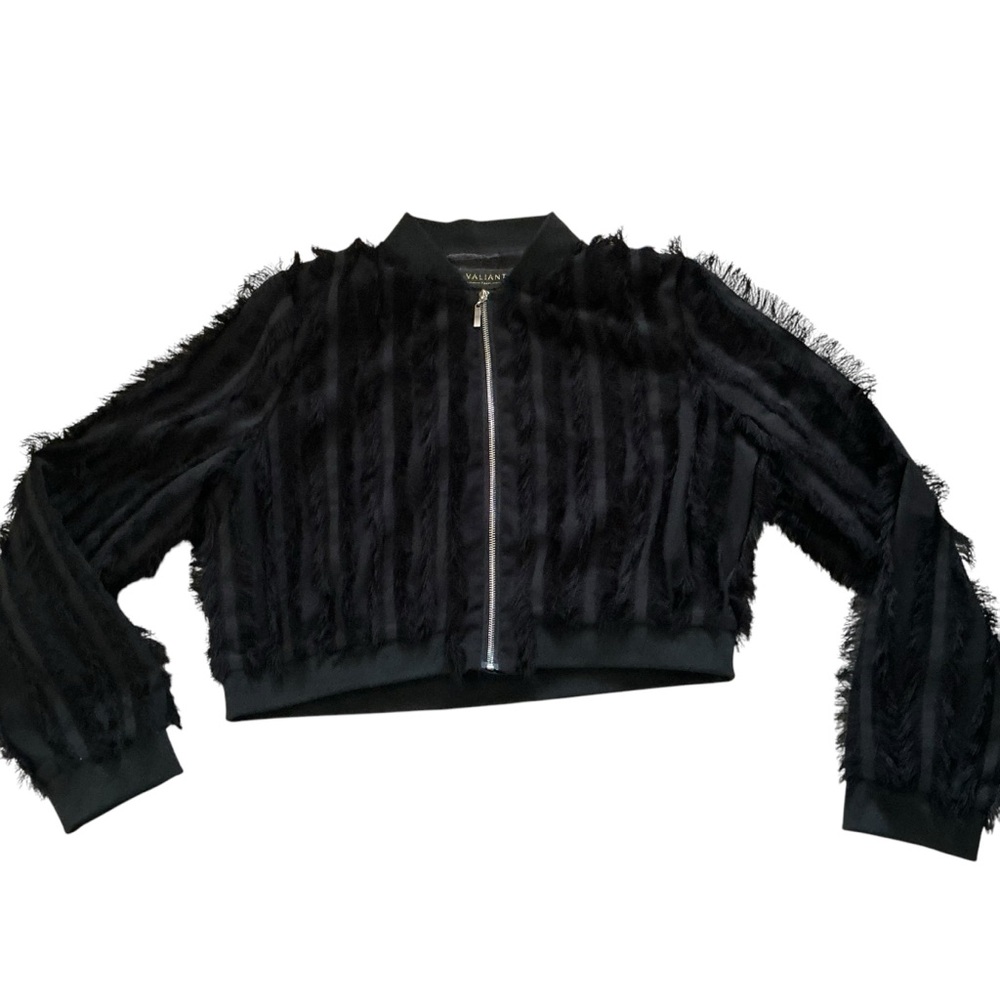 Vintage Valiant Paris women’s crop jacket black zipper fringe tassel frill XL